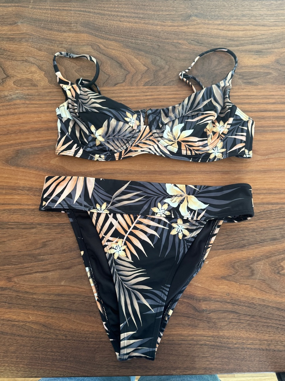 Billabong Black Floral Underwire Bikini with Cream and Tan Accents